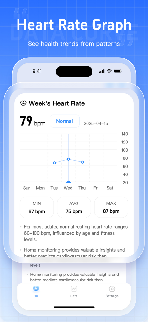 Weekly heart rate graph with bpm trends and health insights in the Heart Mate app