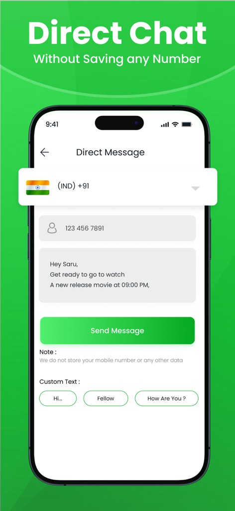 Interface for sending WhatsApp messages without saving contact numbers