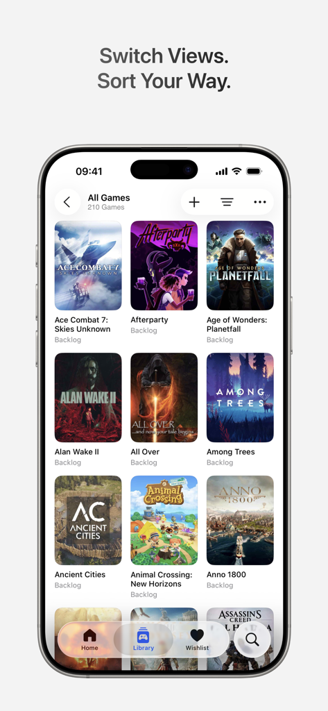 Gamery - Track Your Games - Une vue en grille d'une bibliothèque de jeux vidéo numérique dans l'application Gamery montrant diverses jaquettes de jeux avec des étiquettes de statut de backlog sur un iPhone.