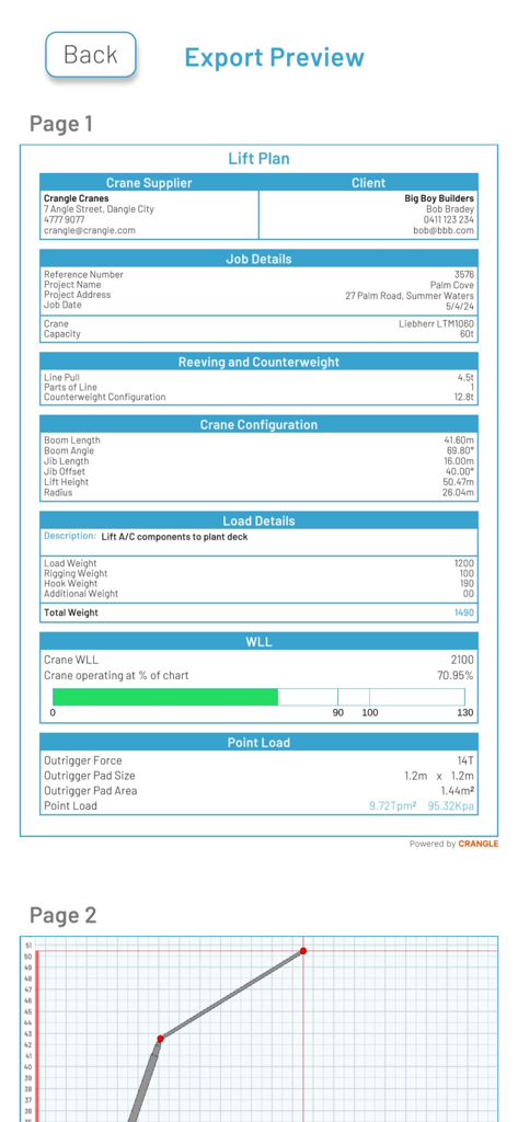 Crangle - Detailed crane lift plan document preview in the Crangle app