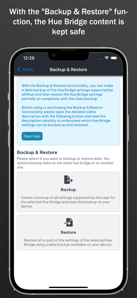 all 4 hue 앱 내 Philips Hue 브릿지 설정의 백업 및 복원 인터페이스 스크린샷