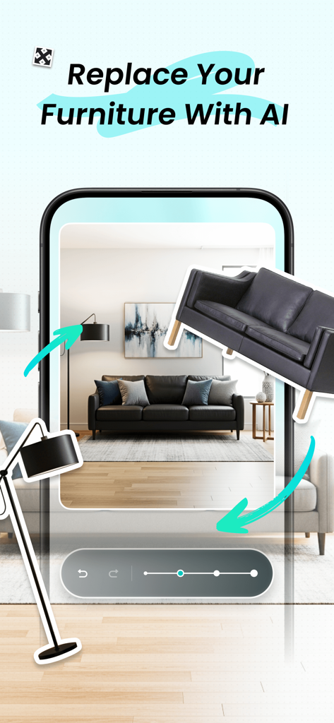 Mobile app interface showing AI furniture replacement in a living room