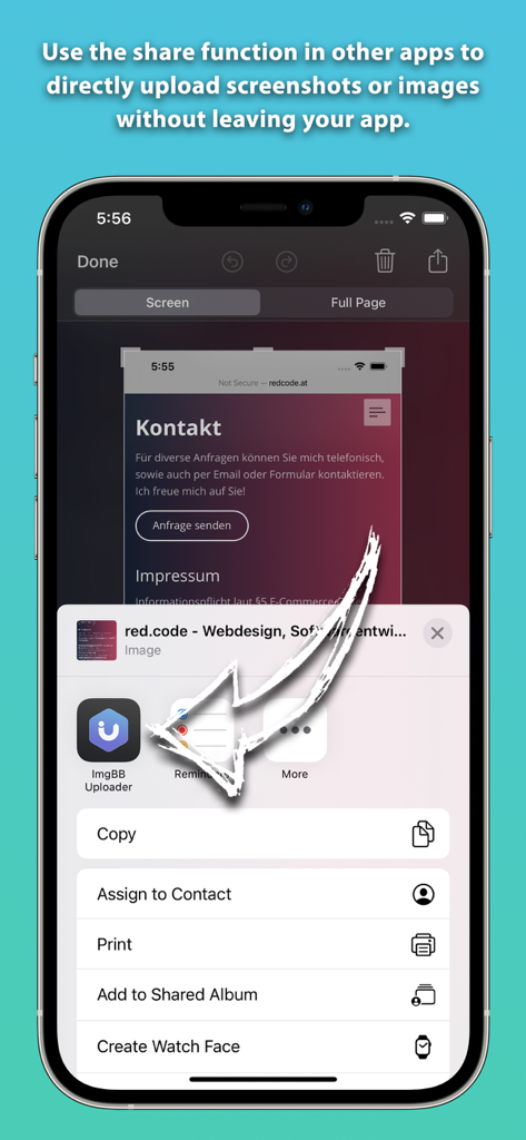 Screenshot des ImgBB Uploader App-Icons, das im nativen iOS Share Sheet zur schnellen Bildübertragung ausgewählt wird