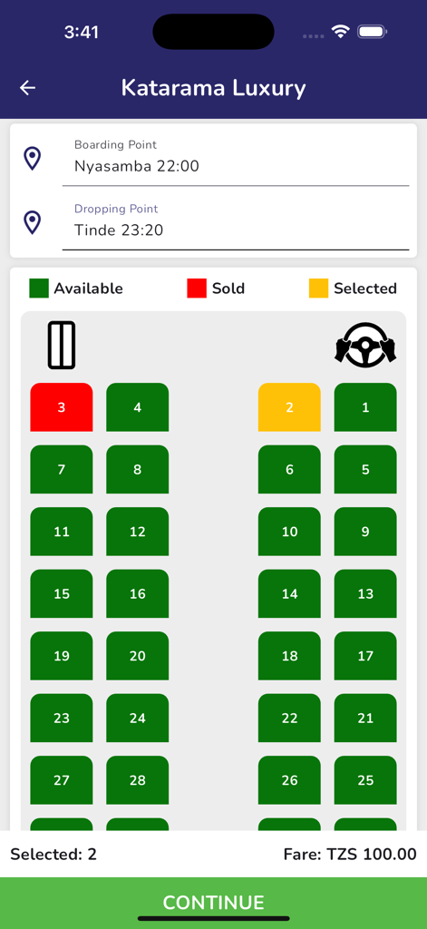 Katarama Luxury app seat selection screen for bus travel in Tanzania