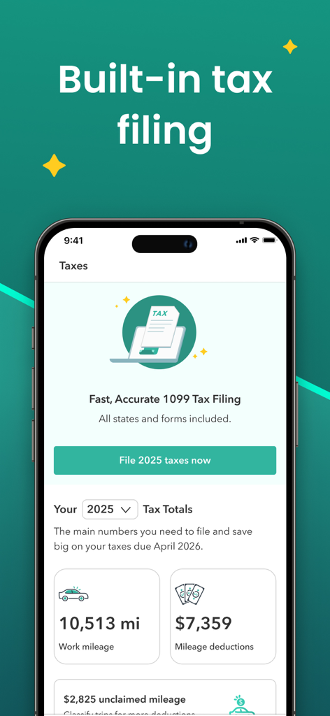 Everlance: Mileage Tracker - Everlance mobile app interface showing built-in 1099 tax filing and work mileage deduction totals