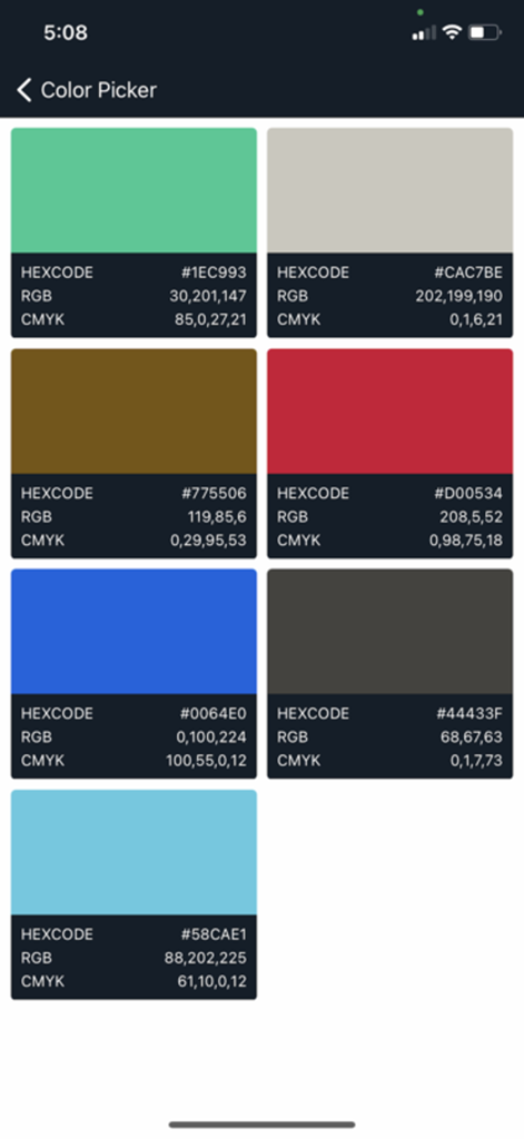 Color Picker App - Interface showing a grid of saved color swatches with HEX RGB and CMYK codes