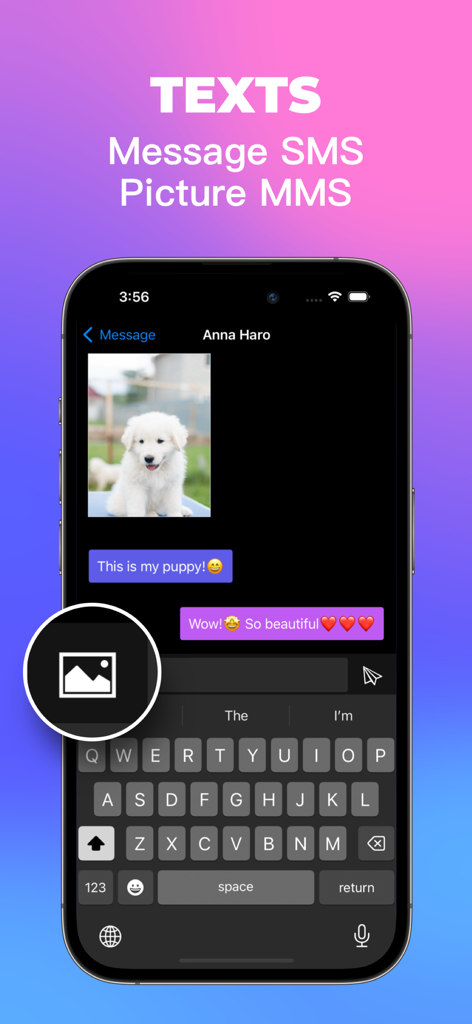 Texting App: Text + Call - A chat interface in the Texting App showing an MMS picture message and text conversation