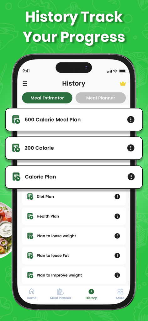 La pantalla de historial de la aplicación AI Meal Planner que muestra varios planes personalizados de dieta y pérdida de peso para seguir el progreso.