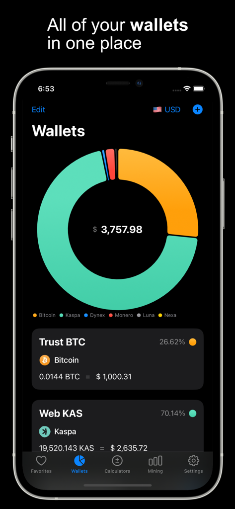 Hashrate - Hashrate app wallet interface showing cryptocurrency portfolio distribution and total balance