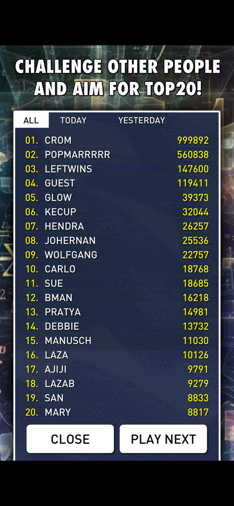 Hidden Numbers: Math Game - Tabla de clasificación global que muestra las 20 mejores clasificaciones y puntuaciones de jugadores en el juego de matemáticas Números Ocultos.