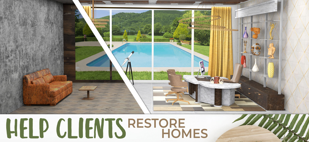 My Home Makeover Design: Words - Vorher-Nachher-Szene einer Hausrenovierung, die ein modernes Bürodesign neben einem Swimmingpool zeigt