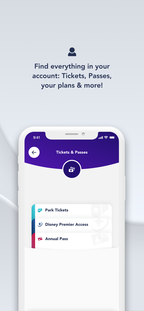 Écran de l'application mobile Disneyland Paris pour la gestion des billets d'entrée au parc et de l'accès Disney Premier.