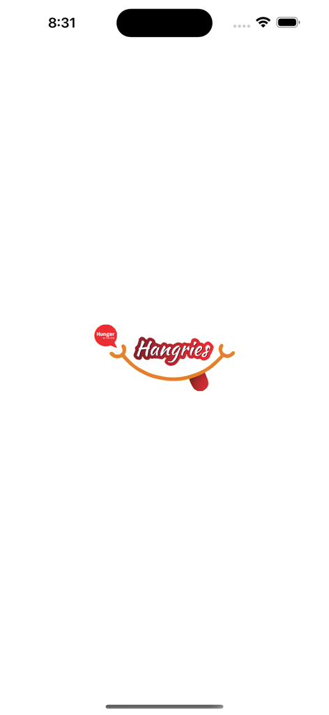 Hangries - Pantalla de inicio de la aplicación de entrega de comida Hangries con el logotipo de la marca