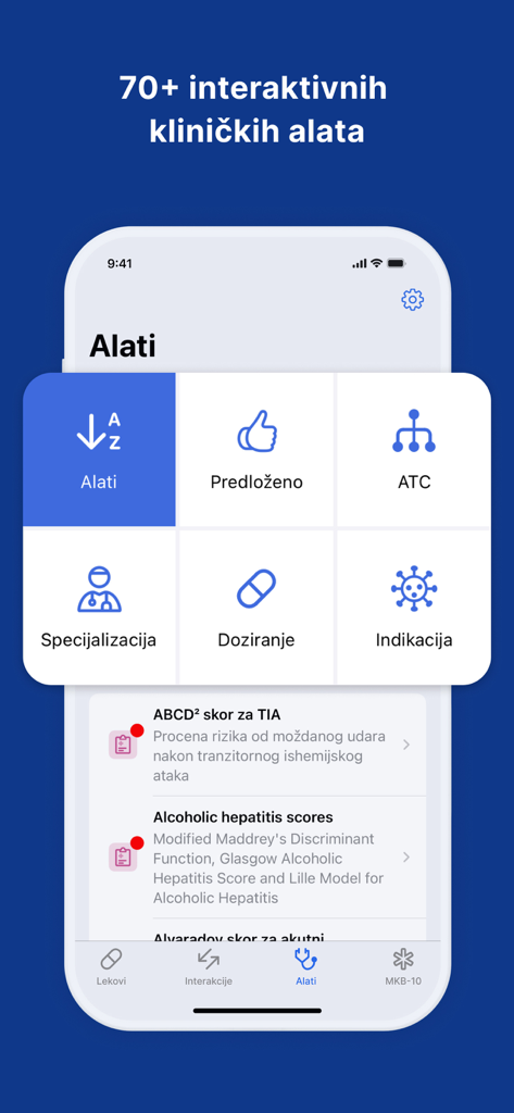 Mediately Baza Lekova - Mediately app interface displaying a menu of over seventy interactive clinical tools and medical calculators