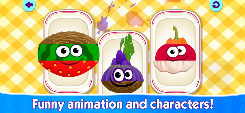 Funny Food 2の未就学児向け学習アプリに登場する、面白い顔をした3つのカラフルなアニメーションフードキャラクター。