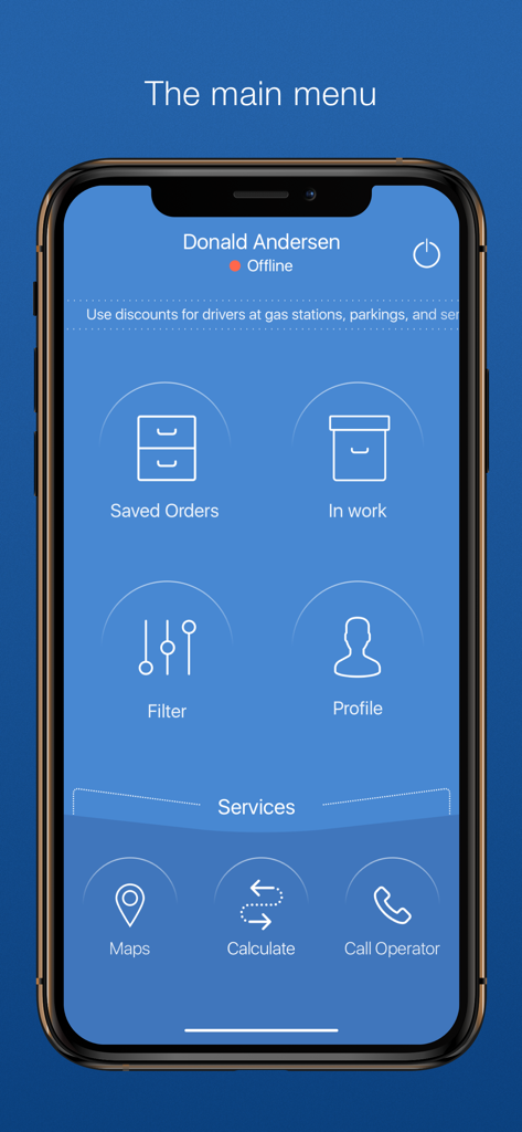 T Driver mobile App Hauptmenü mit LKW-Fahrer-Diensten und Filtern