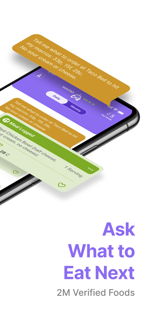 Macro Max: AI Macro Tracker - Macro Max 앱 인터페이스에 특정 영양 목표를 달성하기 위한 식사 제안을 제공하는 AI 매크로 어시스턴트가 표시됨