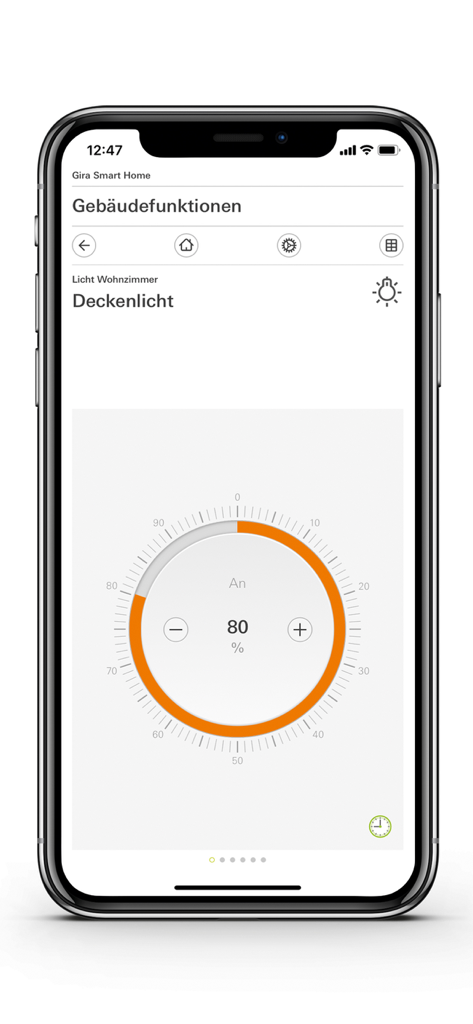 Gira Smart Home - Gira Smart Home app interface showing a circular dial for dimming living room ceiling lights to eighty percent