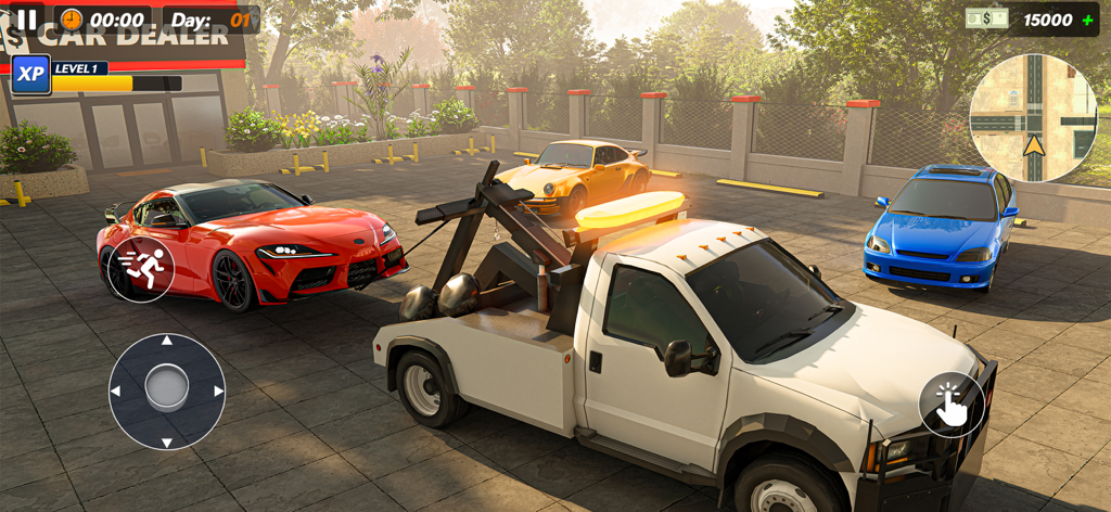 Car Trade Dealer Job Simulator - Un camion de dépannage blanc remorquant une voiture de sport rouge dans le parking d'une concession automobile.