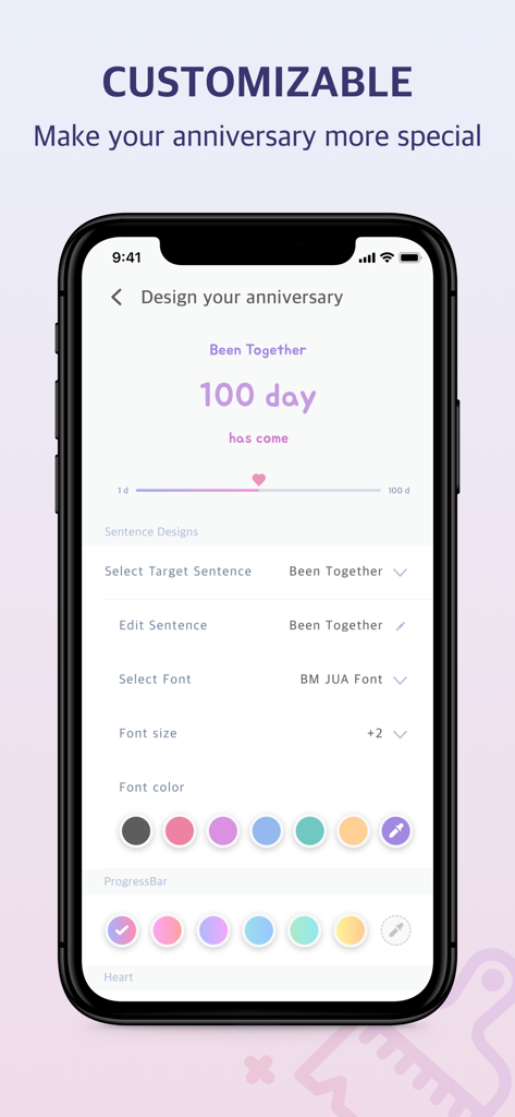 Customization interface in the Been Together app showing options for anniversary font style and color.