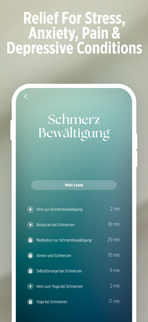 Interfaccia di un'app mobile che mostra un elenco di esercizi di mindfulness e yoga per la gestione del dolore in tedesco.