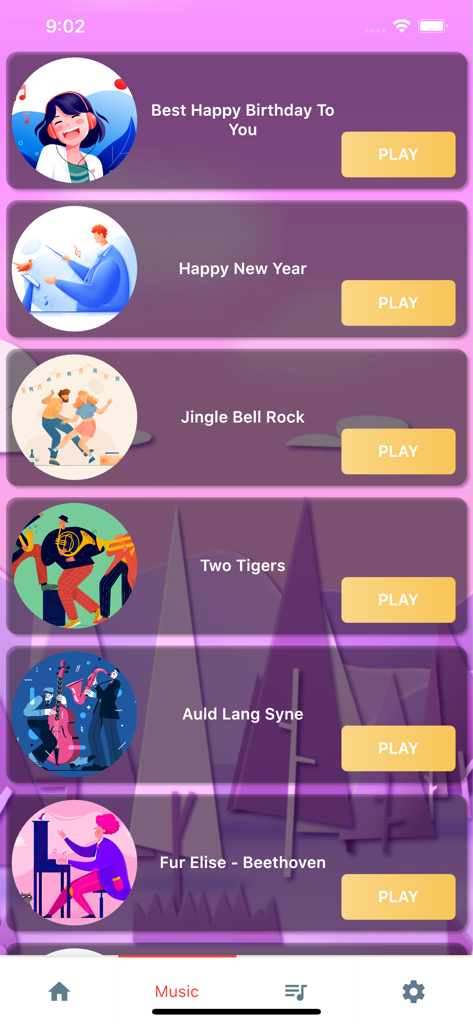 Un elenco di brani nella libreria musicale dell'app Piano Tiles con pulsanti di riproduzione e icone artistiche per vari brani