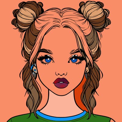 realistic girl with two buns in hair and lips
