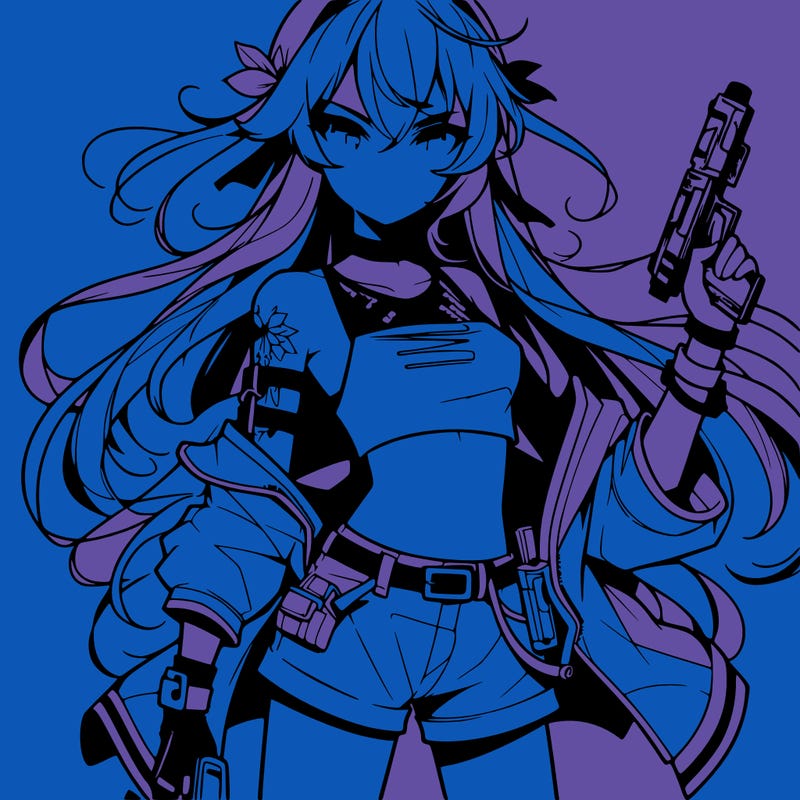 bad girl wearing crop top holding a gun long hair anime