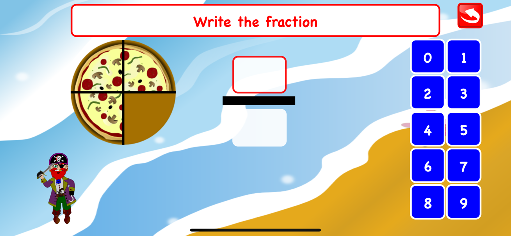 Second Grade Math Games Kids - Educational fraction game for kids featuring a pizza visual and a pirate character on a beach background