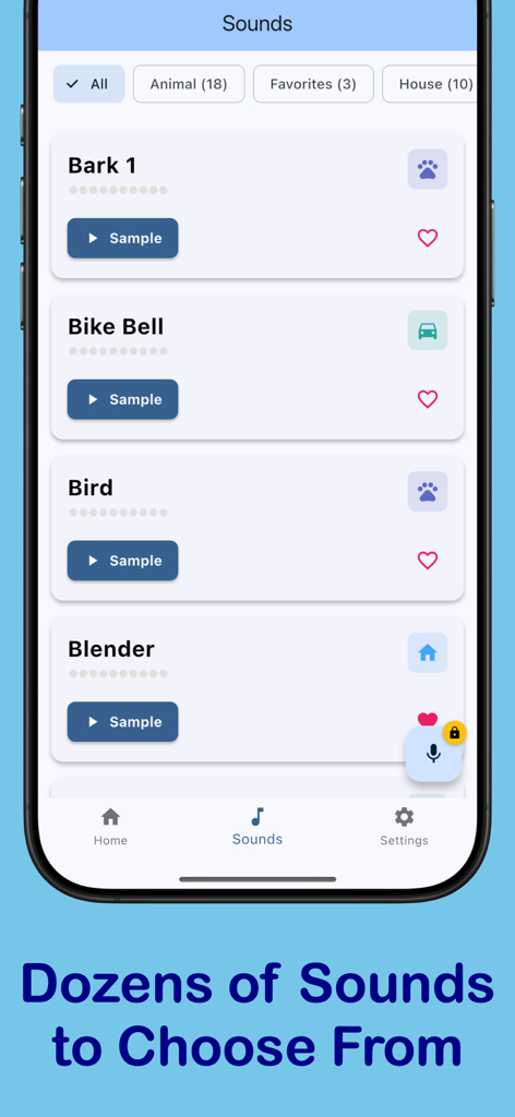 Canine Calm - Canine Calm app interface displaying a list of sounds for dog desensitization training