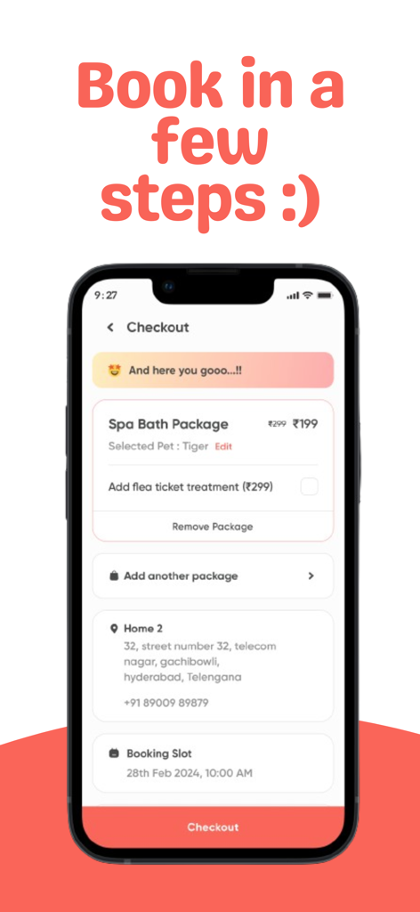 Woofly - Doorstep Grooming App - La pantalla de pago de la aplicación Woofly mostrando un paquete de baño spa para mascotas y detalles de la reserva
