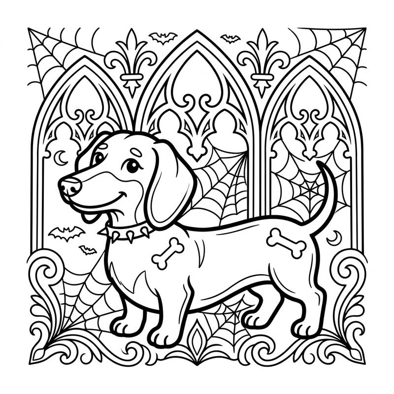 Get ready for a unique coloring experience with our adorable Gothic Dachshund! This charming wiener dog, surrounded by classic spooky elements, is perfect for young artists to bring to life.