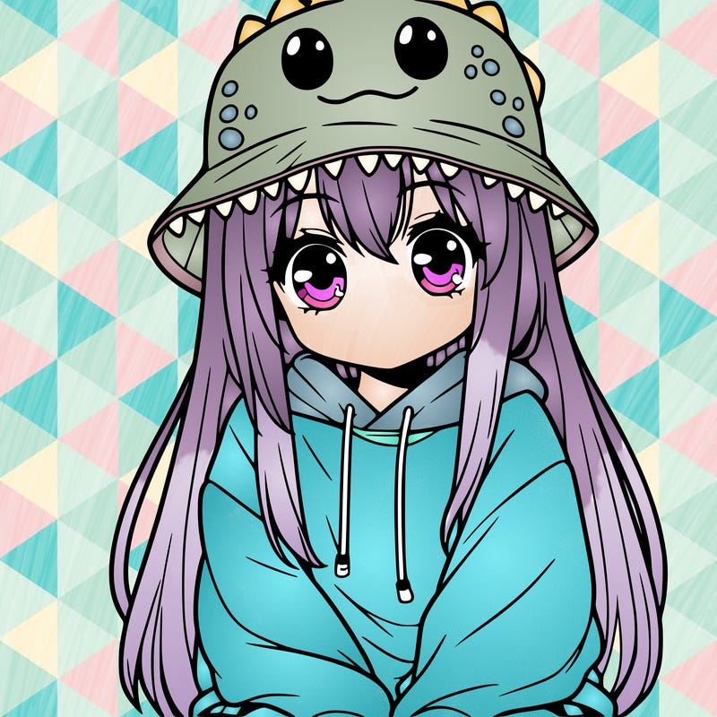 girl with anime shaped eyes with a dinosaur bucket hat oversized sweatshirt long straight hair