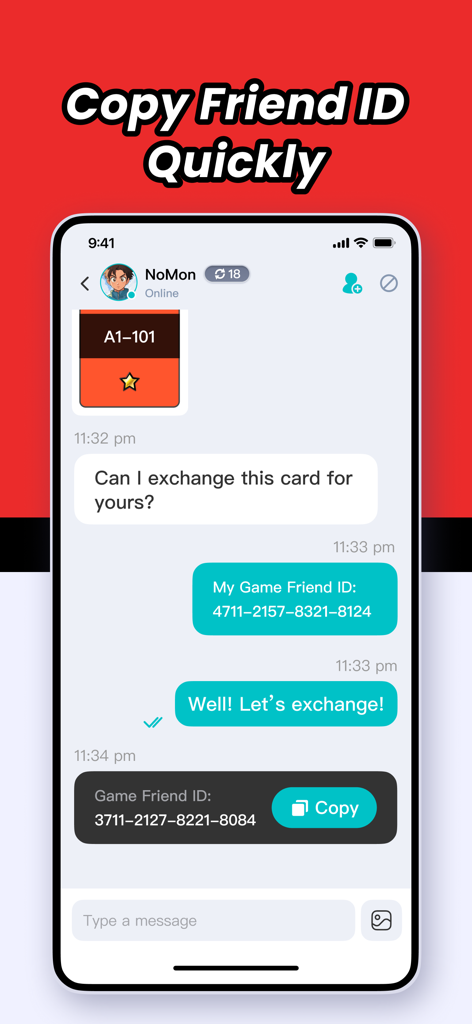 PokeHub - for TCG Pocket - Un'interfaccia di chat nell'app PokeHub che mostra allenatori che si scambiano messaggi e un pulsante di copia "one-tap" per un ID Amico di Gioco.