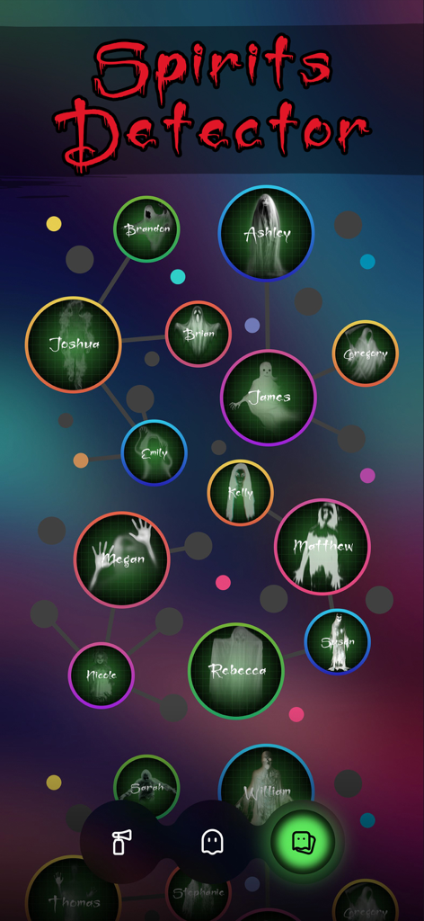 Eine Galerieansicht in der Geisterdetektor-App, die ein Netzwerk verschiedener Geister mit Namen und ätherischen Bildern zeigt.