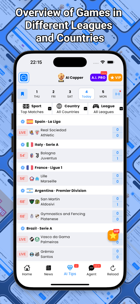 KI-Wett-Tipps App-Oberfläche, die Fußballspiele aus verschiedenen internationalen Ligen zeigt