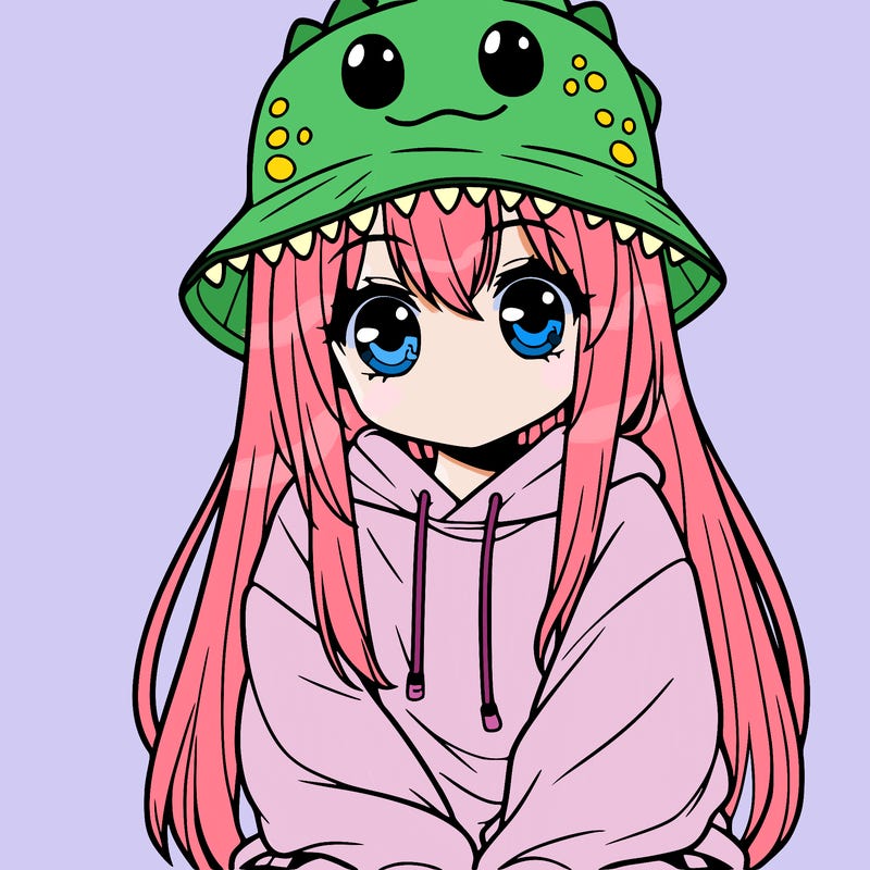 girl with anime shaped eyes with a dinosaur bucket hat oversized sweatshirt long straight hair
