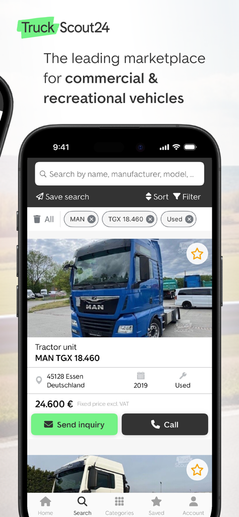 TruckScout24 - Interfaccia dell'app TruckScout24 che mostra un annuncio di un trattore stradale MAN blu con filtri di ricerca e pulsanti di richiesta