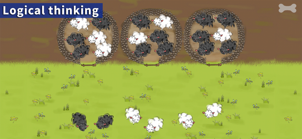 A logical thinking exercise in the Lazuli 7+ app where children sort black and white sheep into stone pens on a green field.