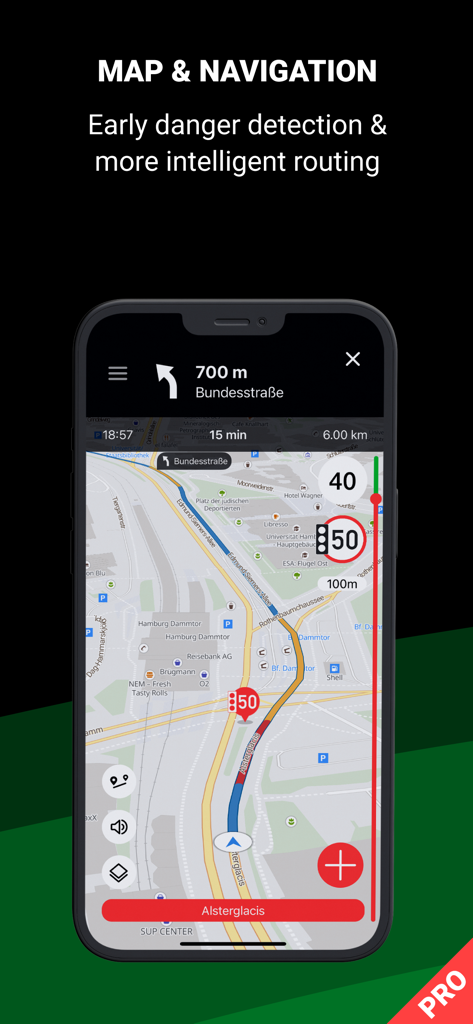 Interface de carte de Blitzer.de PRO montrant la guidage d'itinéraire et les alertes de limite de vitesse