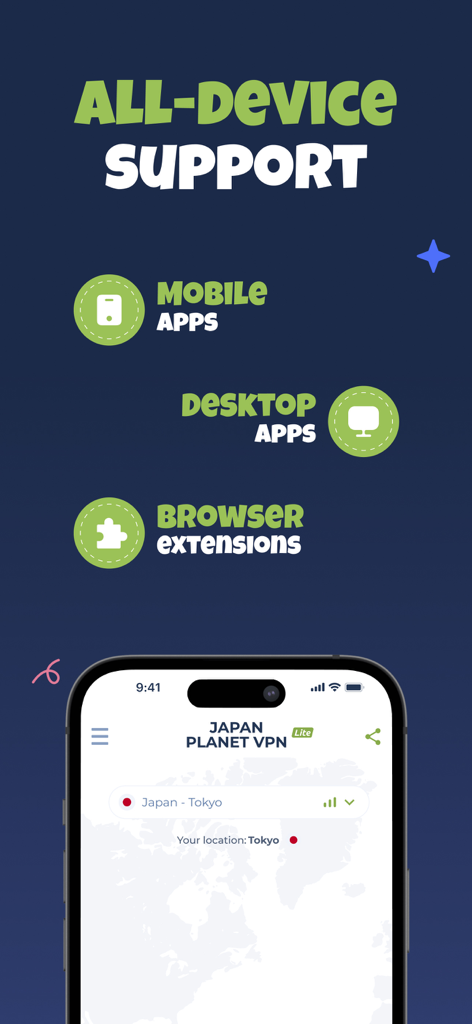 Interfaz de la aplicación Japan VPN que muestra soporte para aplicaciones móviles, aplicaciones de escritorio y extensiones de navegador