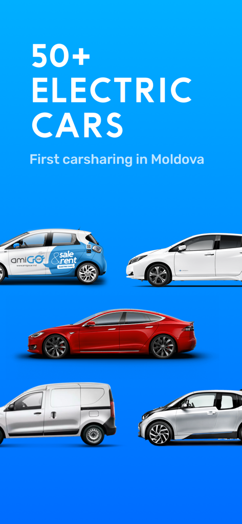amiGO carsharing - Promoção da aplicação de carsharing amiGO mostrando uma variedade de mais de 50 veículos elétricos disponíveis para alugar na Moldávia.