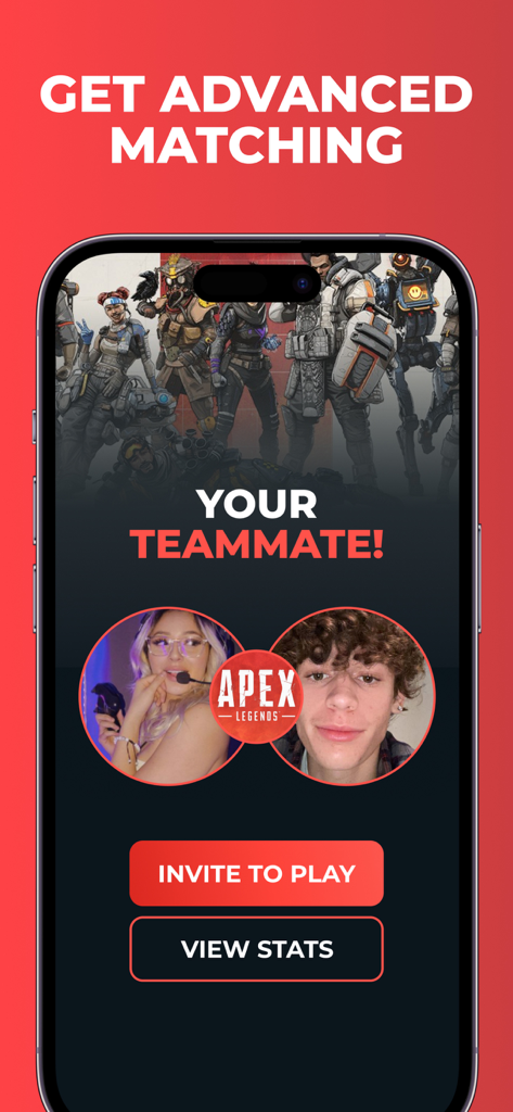 Plink app interface showing advanced matching for Apex Legends teammates with player profiles