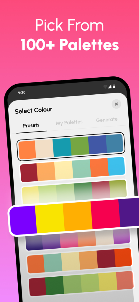 Mobile screen showing multiple preset color palettes for interior wall painting