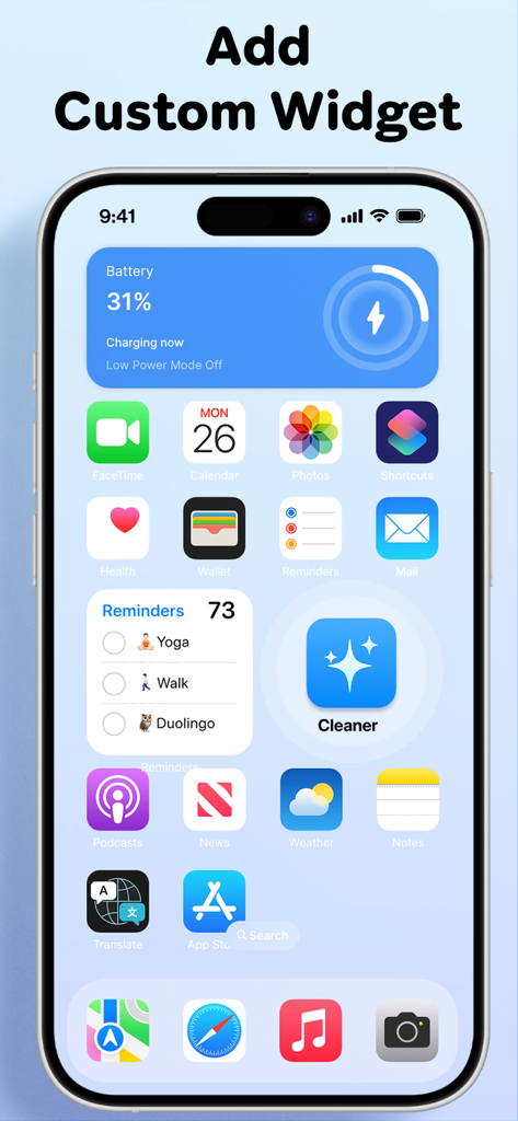 Phone cleaner + Photo cleaner - Schermata principale dell'iPhone che mostra un widget personalizzato dell'app di pulizia