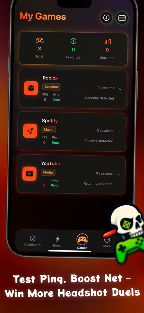 Écran de l'application GFX Pro montrant une liste de jeux installés avec des métriques de suivi FPS et ping.