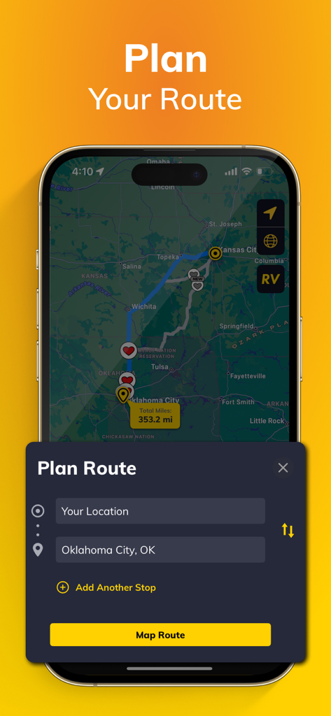 Interfaz de la aplicación Loves Connect que muestra la función de planificación de ruta con un mapa y la entrada de destino para Oklahoma City.