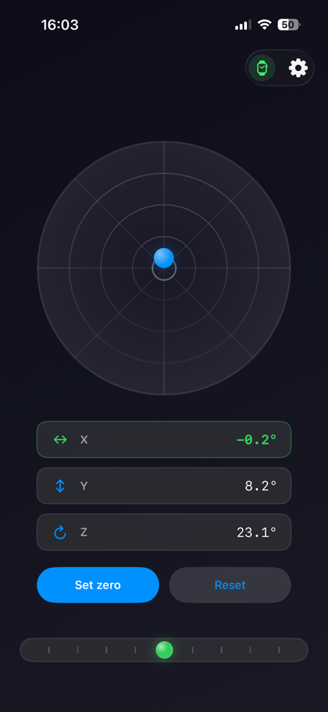 Inclinometer Pro - Digital bubble level interface of Inclinometer Pro app showing X Y and Z axis degrees and a circular level meter
