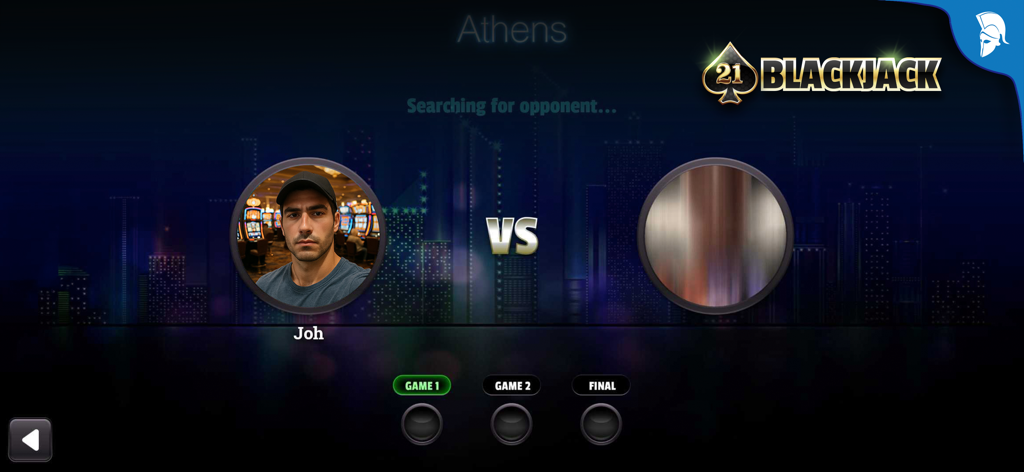 Blackjack 21: Live Casino game - Schermata di matchmaking del gioco da casinò live Blackjack 21 che mostra due giocatori che si affrontano nel torneo di Atene.