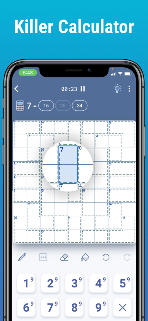 Killer Sudoku by Logic Wiz - Killer Sudoku mobile app showing the killer calculator for solving logic puzzles